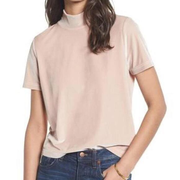 Madewell Velvet Mockneck Short Sleeve Tee Top in Avalon‎ Pink Blush, Size Medium - Picture 1 of 8
